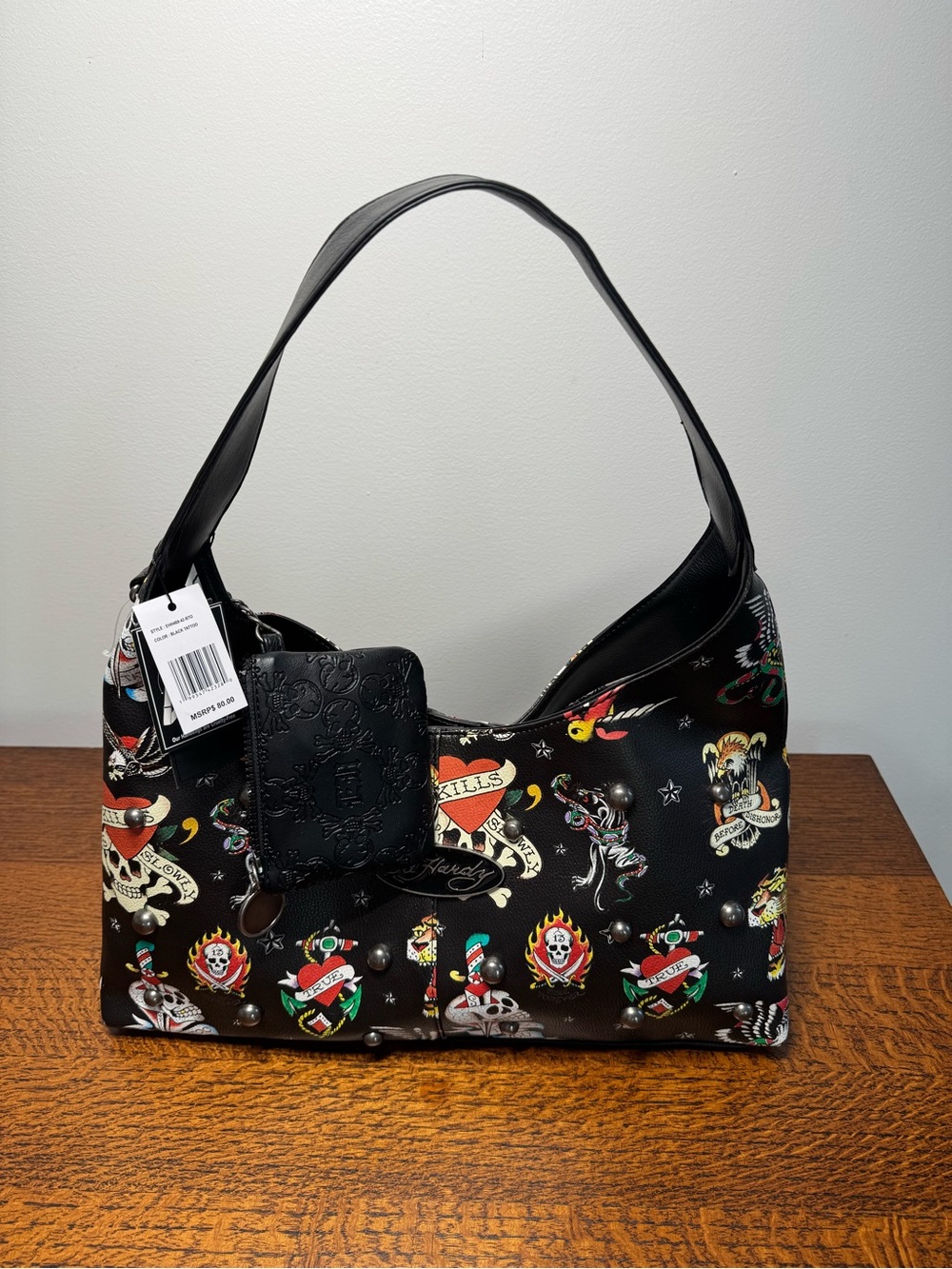 NWT Ed Hardy Dalinda Black Studded Tattoo Print Hobo Shoulder Bag w/Pouch